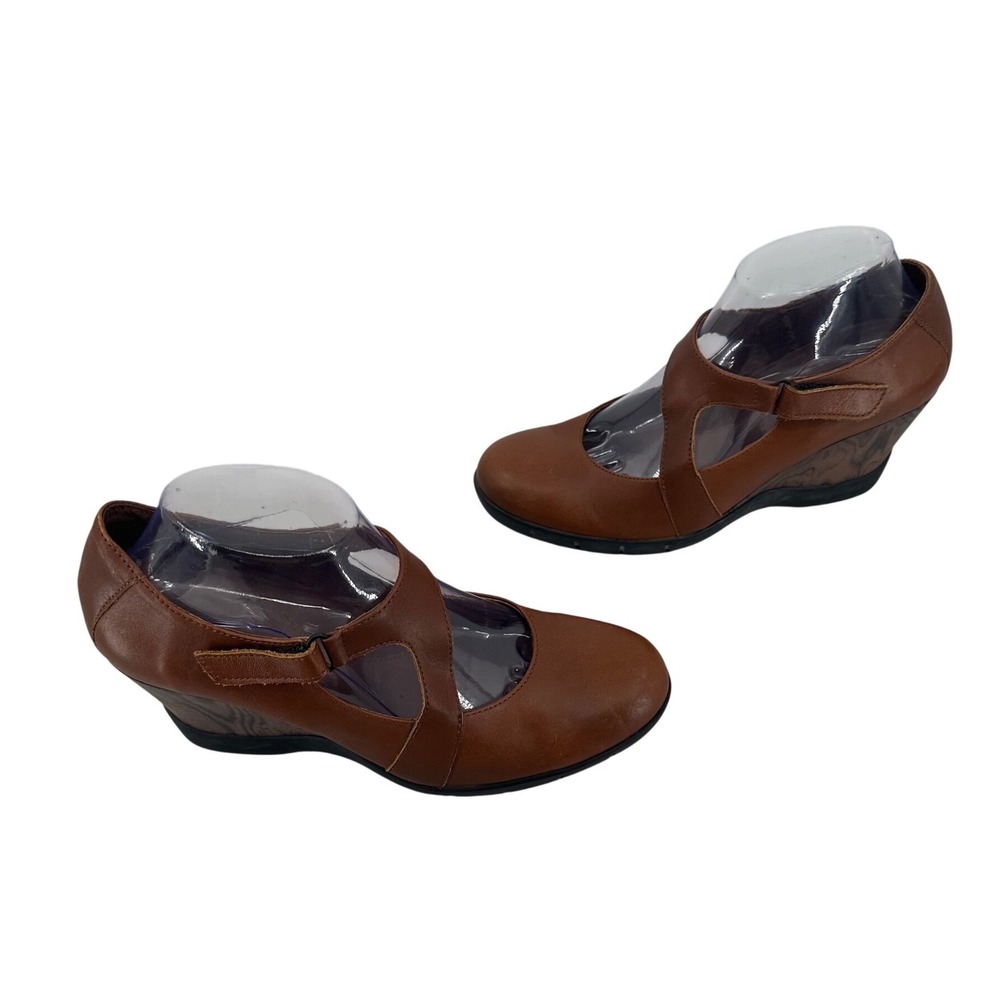 Sanita Womens boho Brown Leather Mary Jane Wedge Heels Cross Strap Shoes Size 39